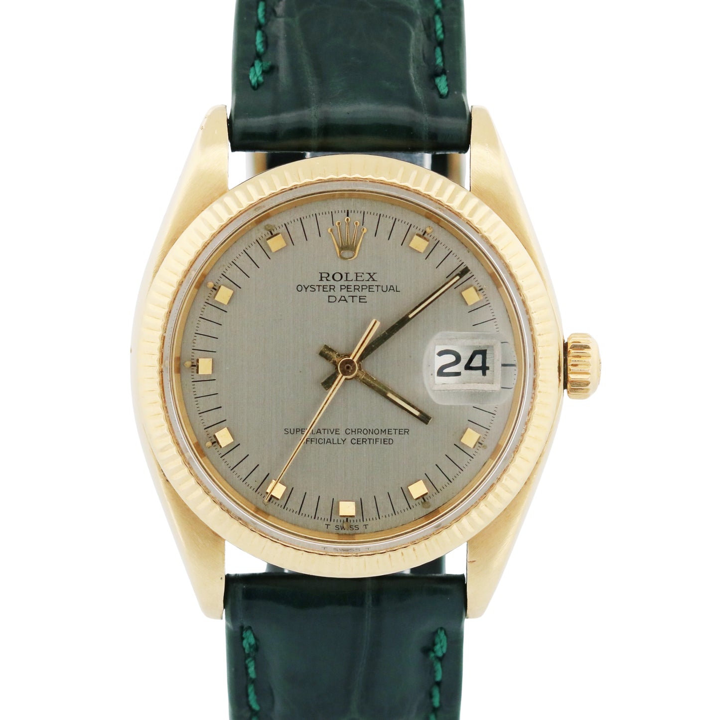 Rolex Oyster Perpetual Date 34mm SILVER 14K Yellow Gold Green Leather 1503 Watch