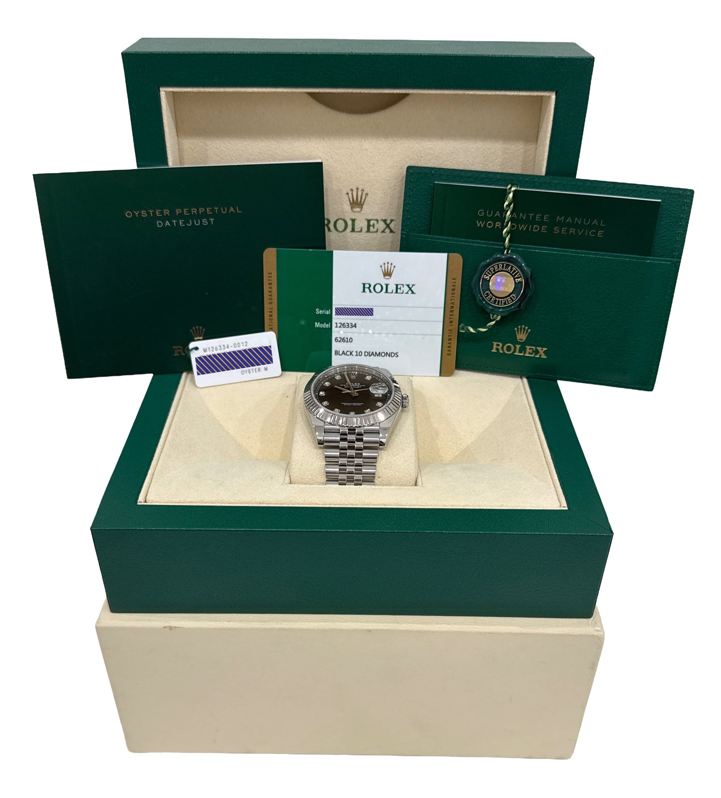 PAPERS Rolex DateJust 41mm BLACK DIAMOND 18K White Gold Steel JUBILEE 126334 BOX