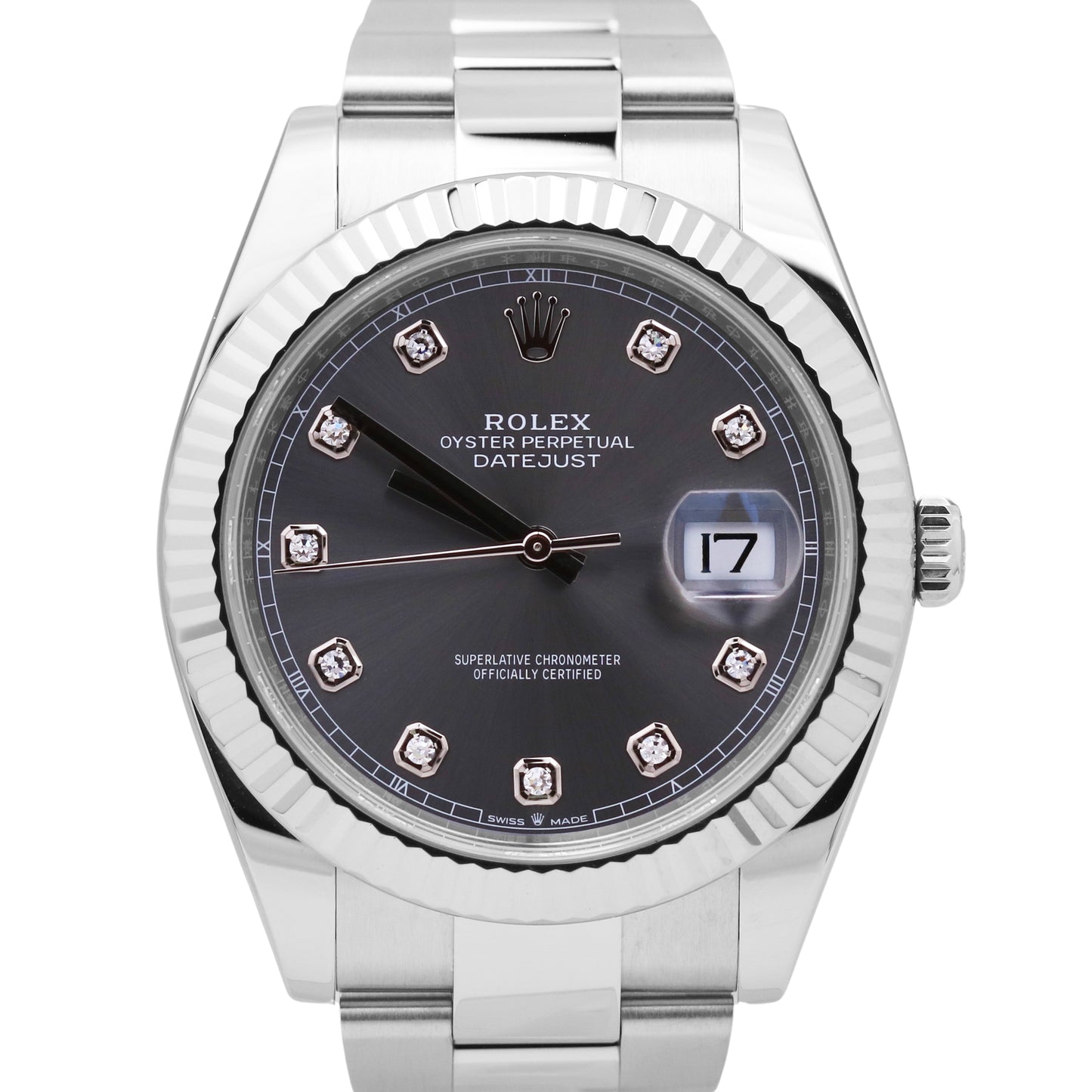 MINT 2023 PAPERS Rolex DateJust 41 GRAY DIAMOND 18K White Gold Fluted 126334 B+P