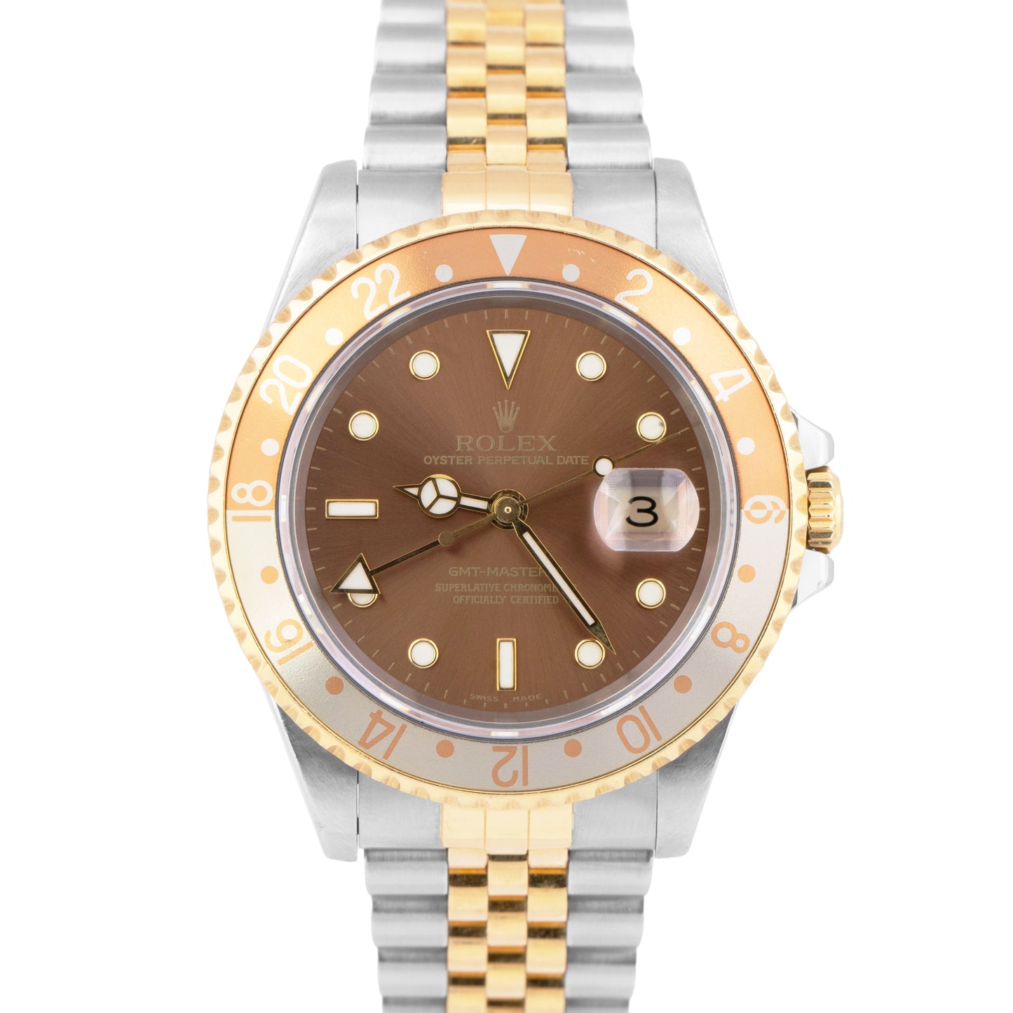 UNPOL. Rolex GMT-Master II NO-HOLES Root Beer PAPERS Jubilee 18K 40mm 16713 B+P