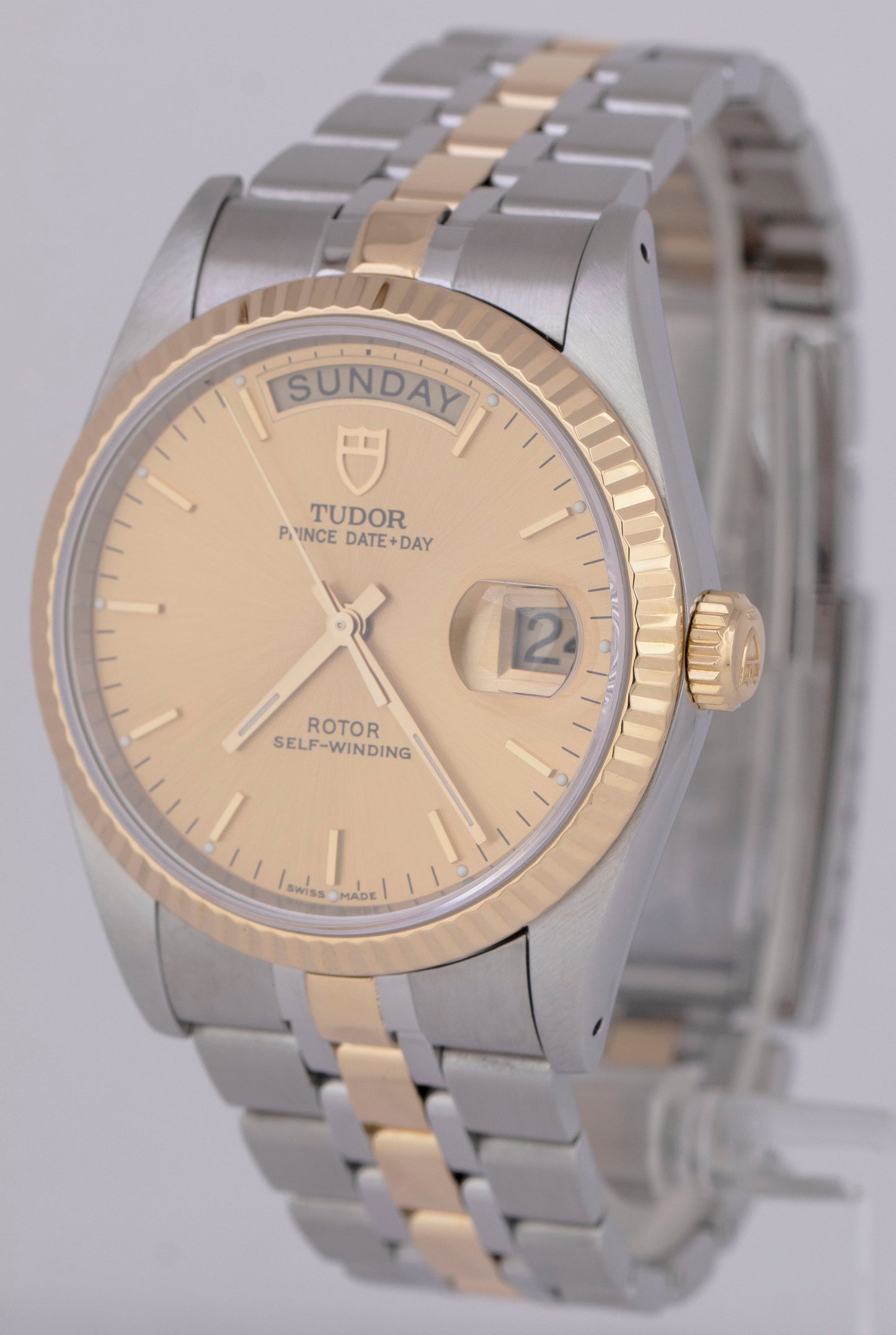 Tudor Prince Date-Day PAPERS Champagne Dial 18K Gold Steel 36mm 76213 Watch B+P