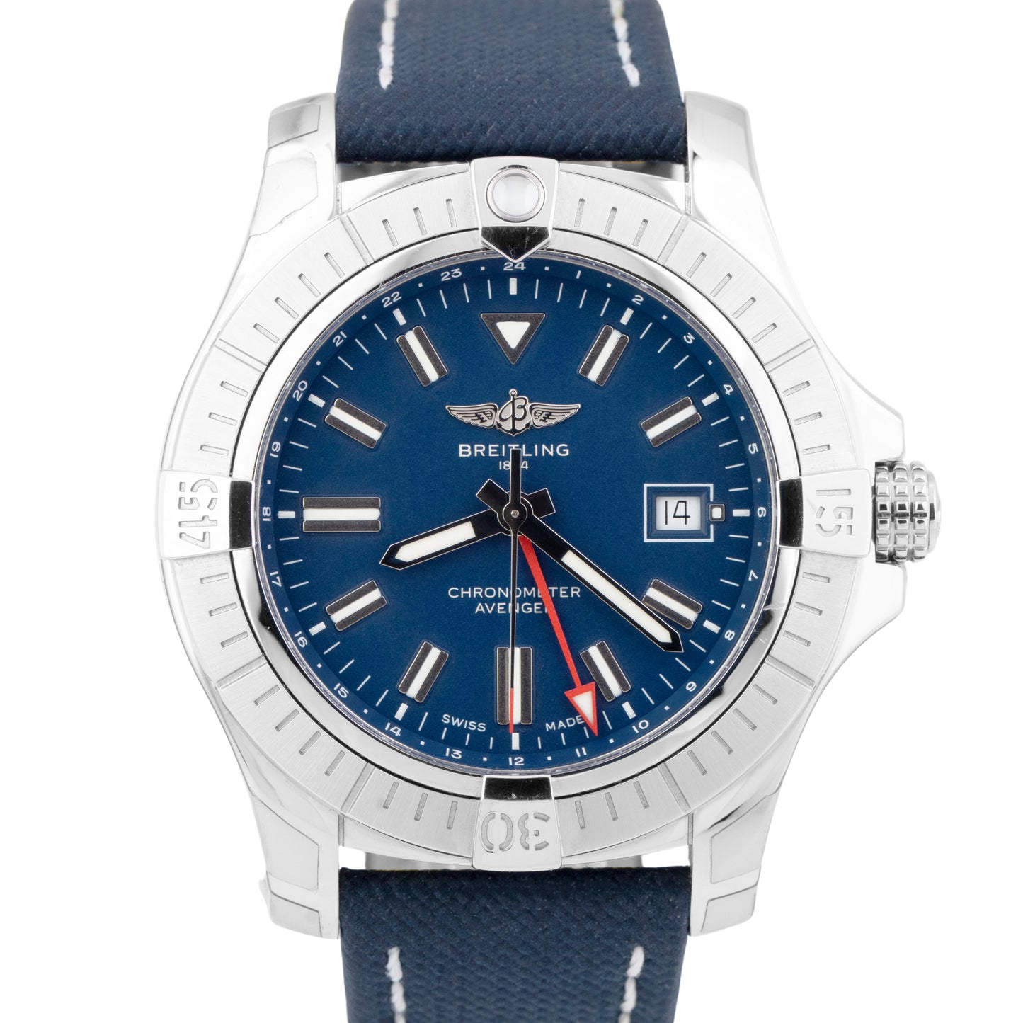 MINT Breitling Avenger 45 Blue GMT Steel 45mm Date Automatic Watch A32395 BOX