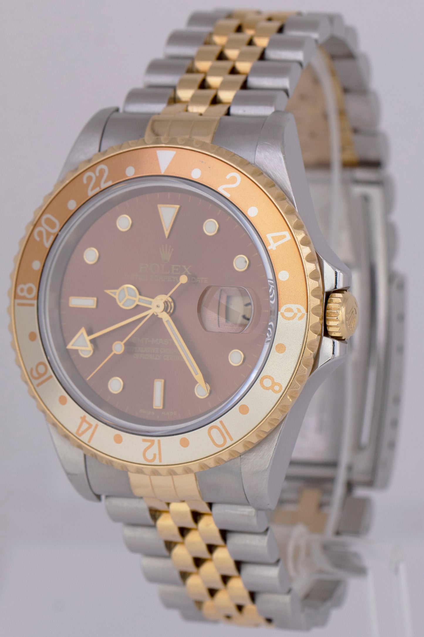 UNPOL. Rolex GMT-Master II NO-HOLES Root Beer PAPERS Jubilee 18K 40mm 16713 B+P