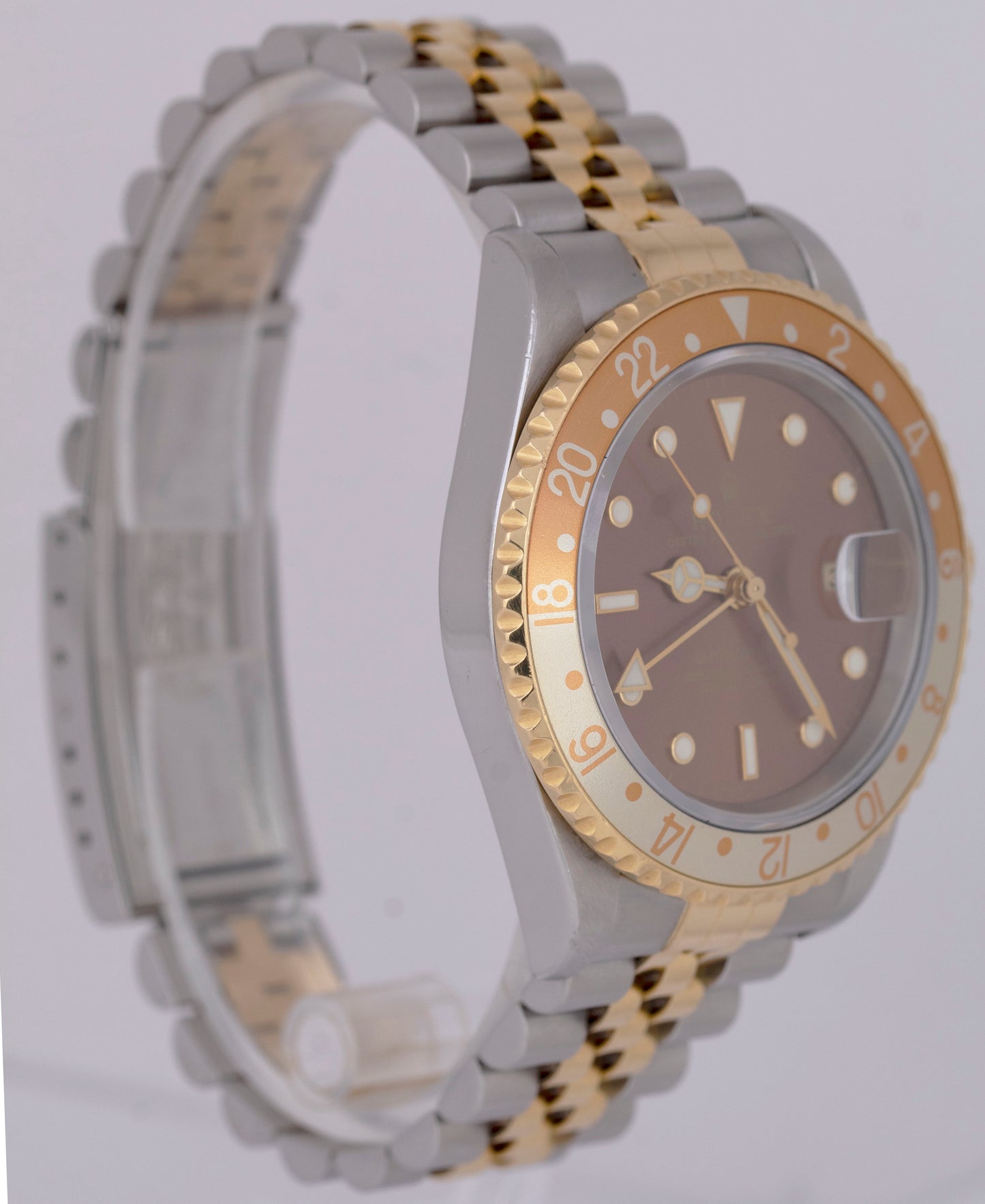 UNPOL. Rolex GMT-Master II NO-HOLES Root Beer PAPERS Jubilee 18K 40mm 16713 B+P