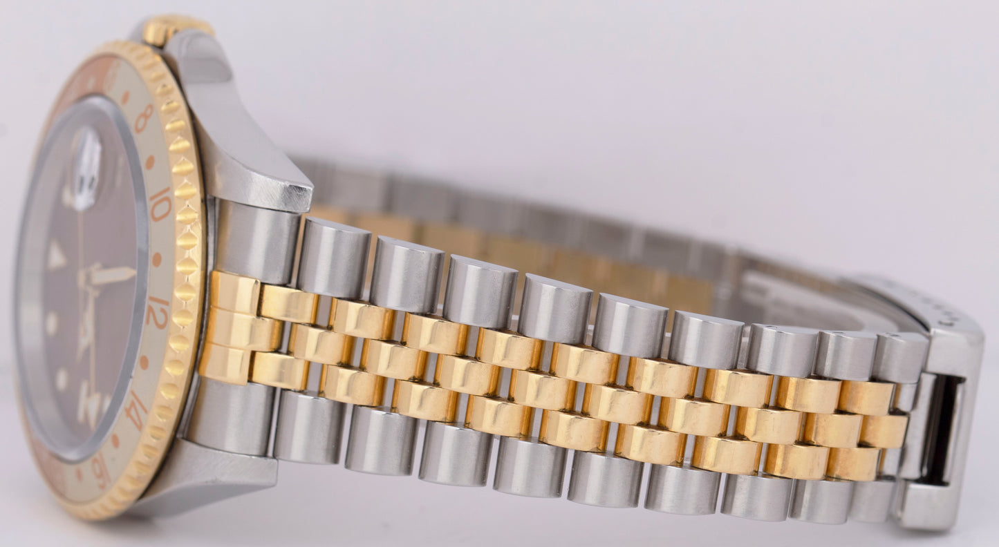 UNPOL. Rolex GMT-Master II NO-HOLES Root Beer PAPERS Jubilee 18K 40mm 16713 B+P