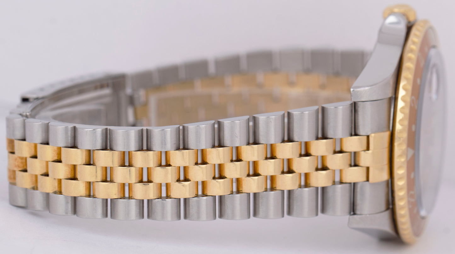 UNPOL. Rolex GMT-Master II NO-HOLES Root Beer PAPERS Jubilee 18K 40mm 16713 B+P
