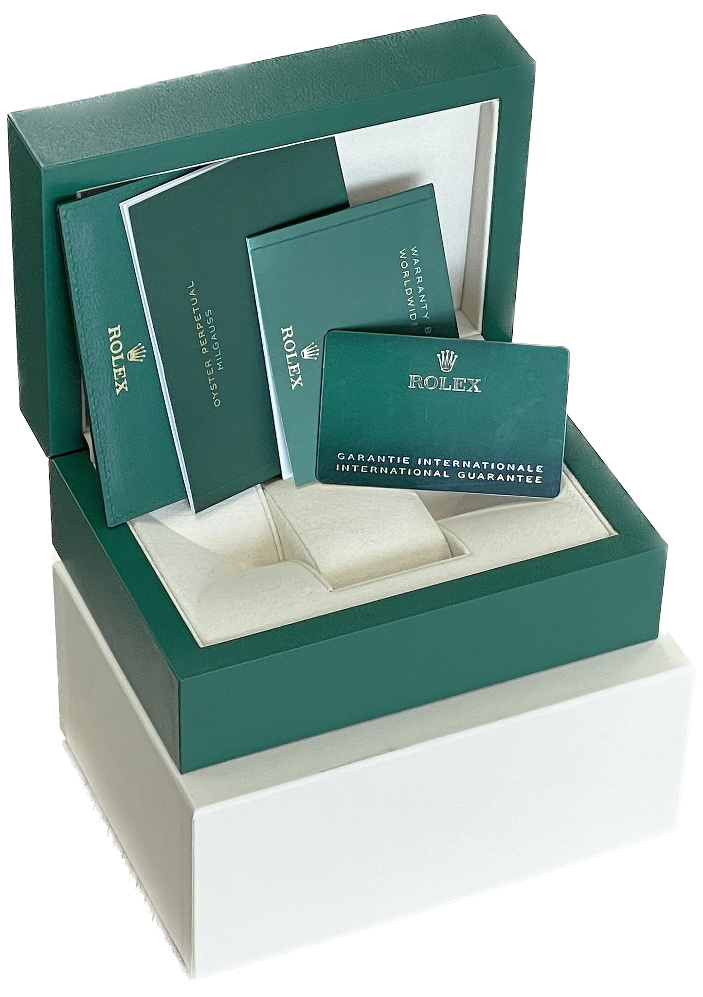 2021 CARD Rolex Milgauss Z-Blue Green Anniversary 116400 GV Stainless Watch B+P