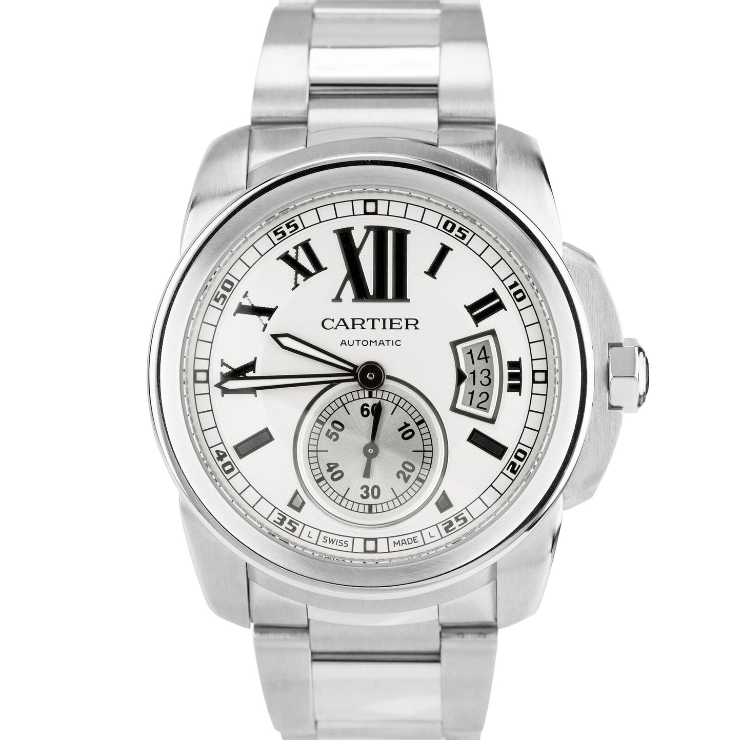 MINT Men's Cartier Calibre White Roman 42mm Stainless Date Watch 3389 / W7100015