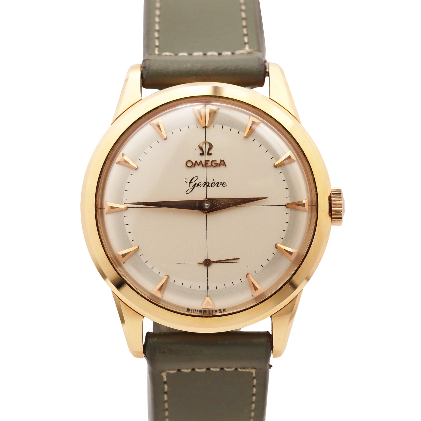 Unisex Omega Geneve 18K Rose Gold Silver Leather 35mm Manual 35mm Watch 2903