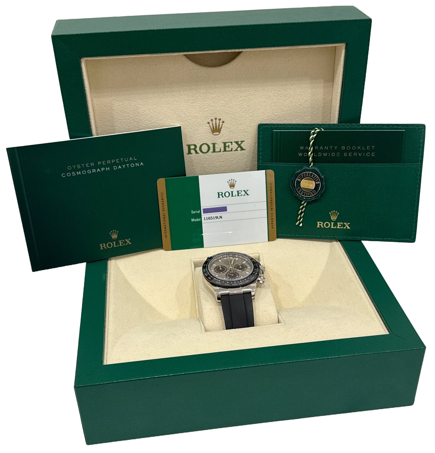 MINT PAPERS Rolex Daytona SILVER GHOST 18K Gold Oysterflex 40mm 116519 LN BOX