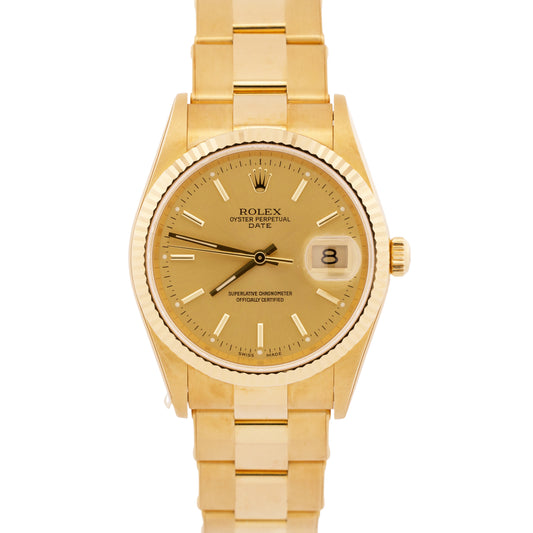 TOP CONDITION PAPERS Rolex Oyster Perpetual Date 34mm CHAMPAGNE 18K 15238 BOX