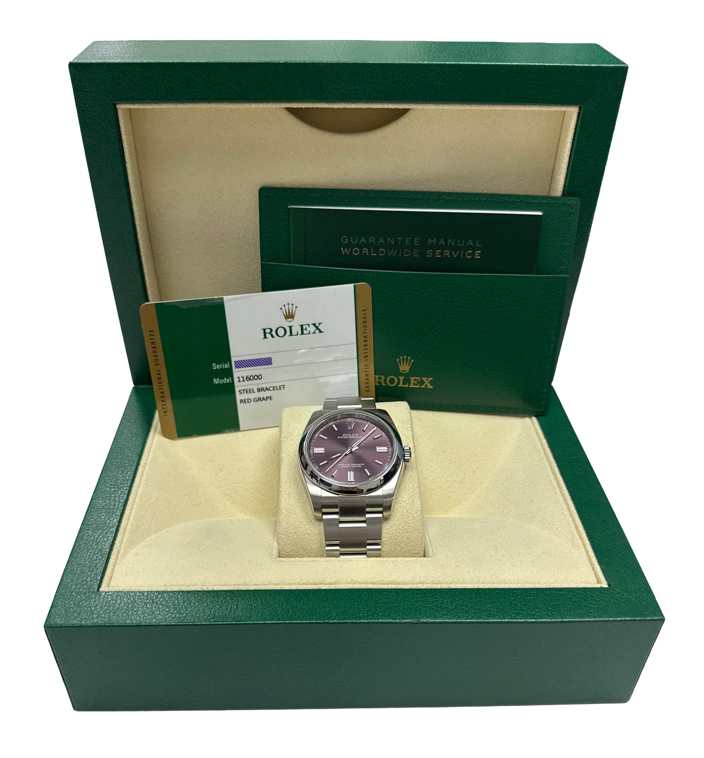 PAPERS Rolex Oyster Perpetual GRAPE Purple Stainless Steel 3-6-9 36mm 116000 BOX