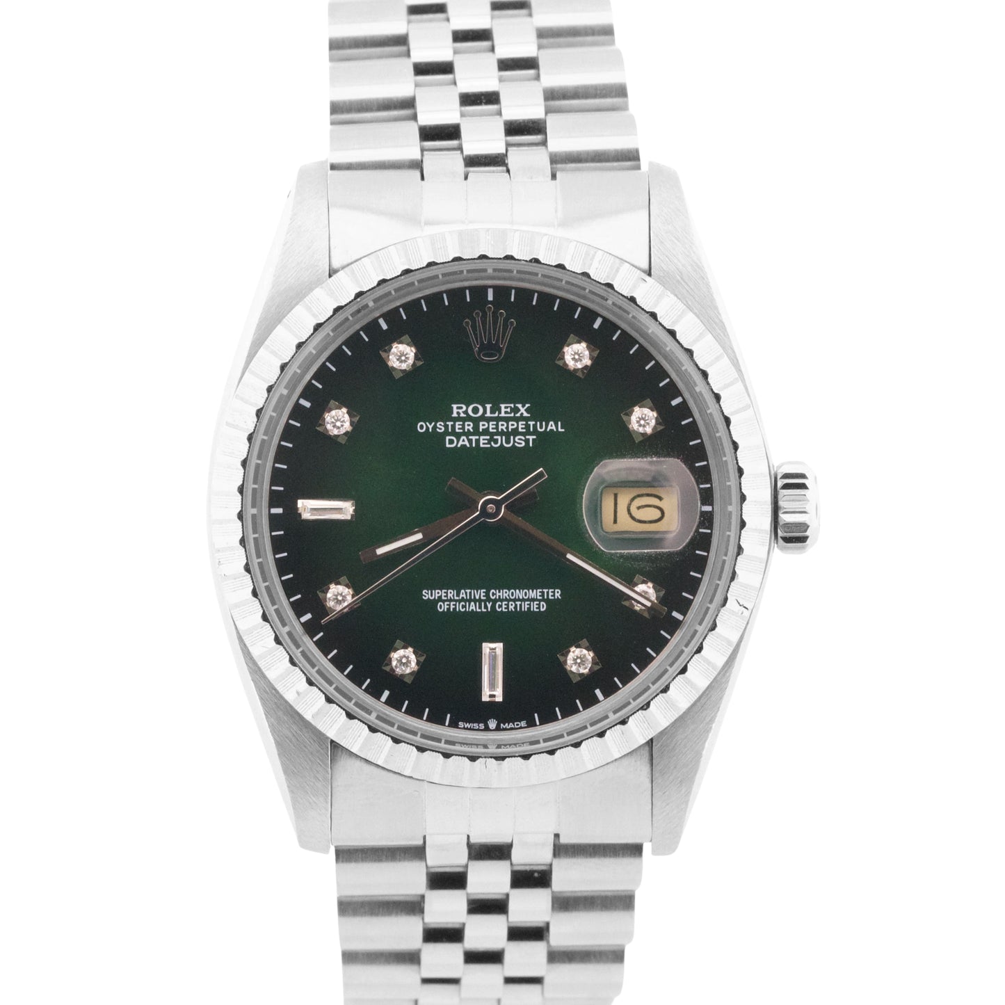 VINTAGE Rolex DateJust 36mm VIGNETTE GREEN DIAMOND Stainless Steel JUBILEE 16030