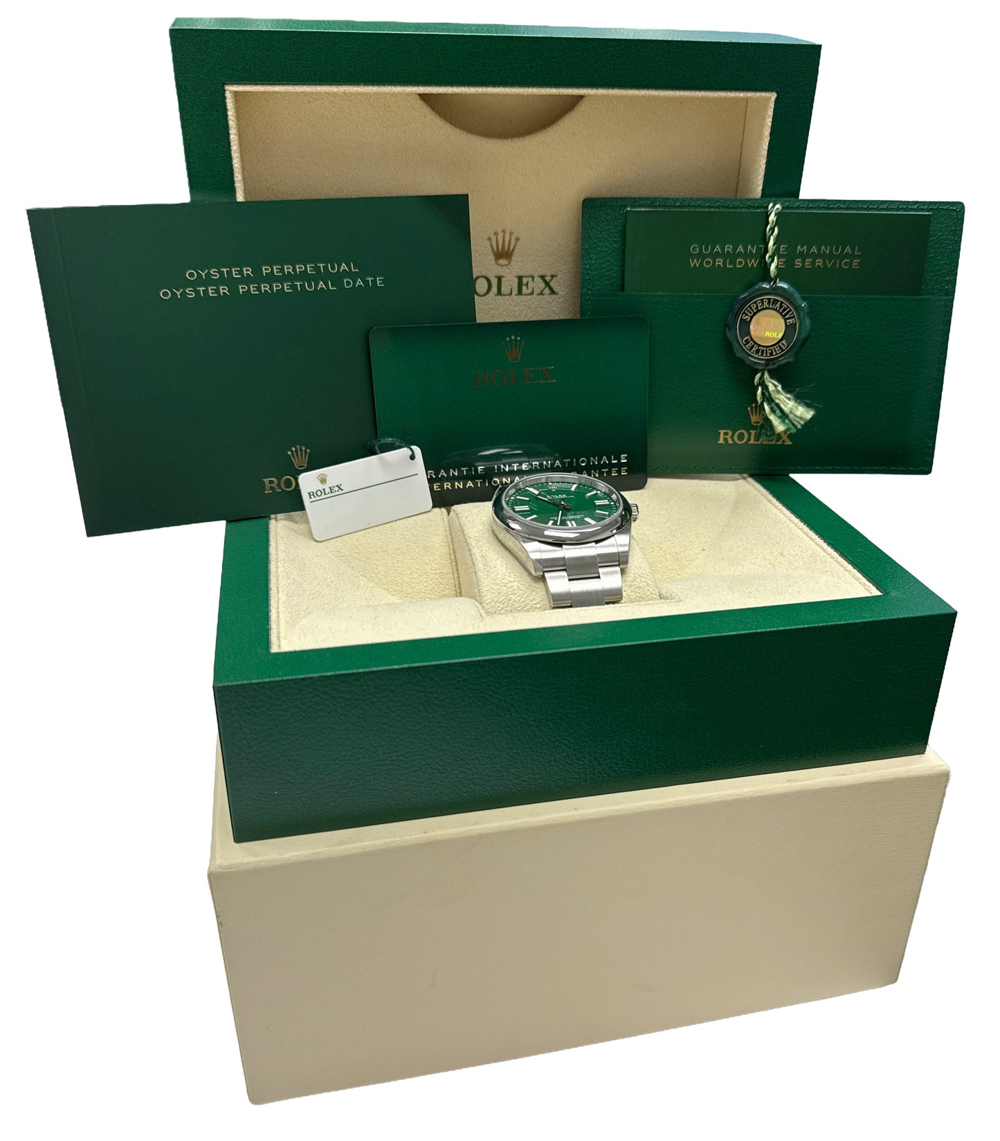 STICKERED 2024 PAPERS Rolex Oyster Perpetual 41 GREEN Steel 41mm 124300 BOX