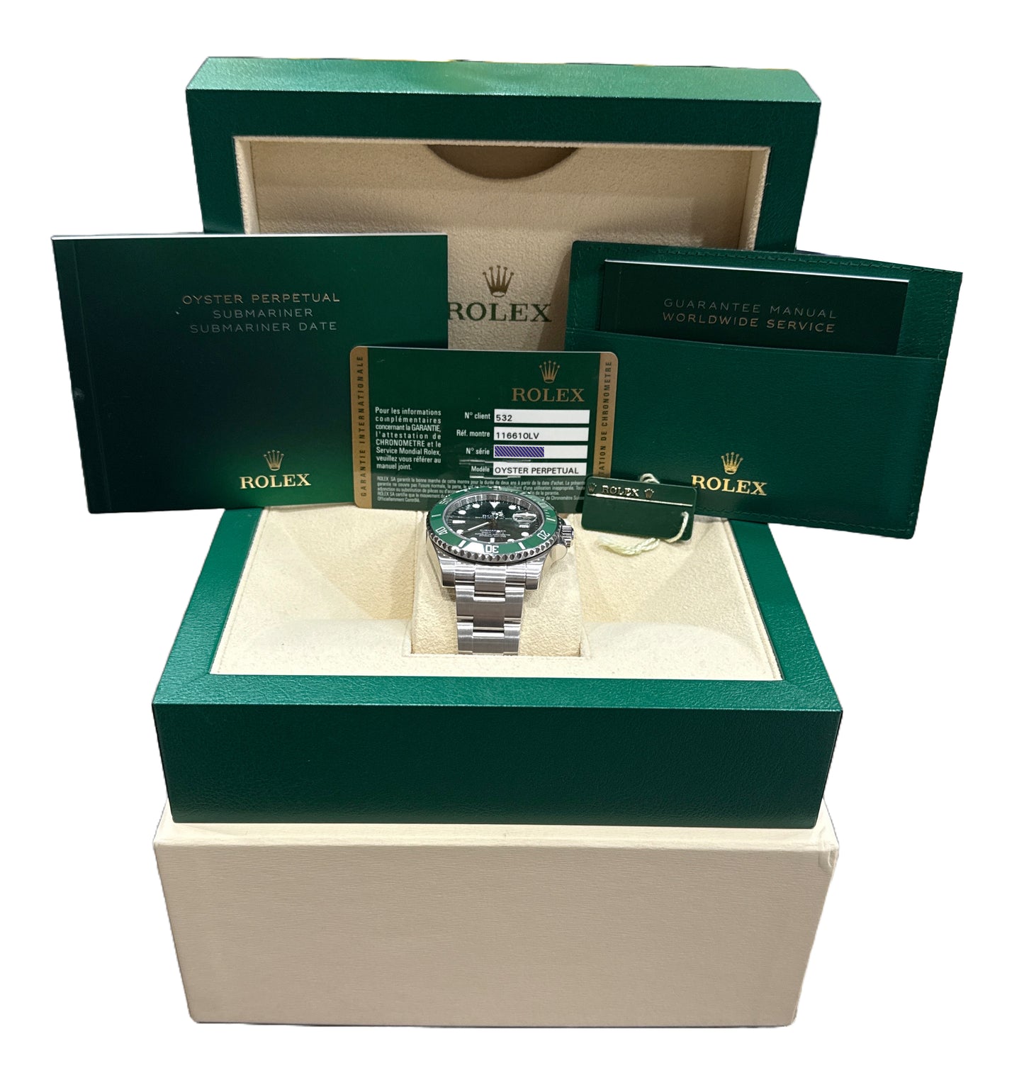 NOS STICKERED PAPERS Rolex Submariner Date HULK Green Steel 40mm 116610 LV BOX