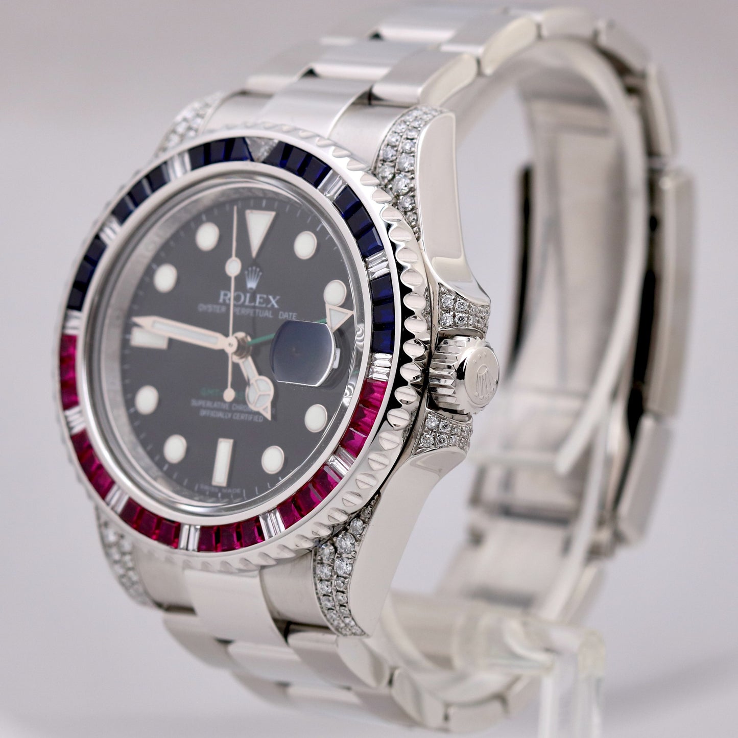 Rolex GMT-Master II DIAMOND Pink/Blue SAPPHIRE Bezel Black 40mm 116710 Watch