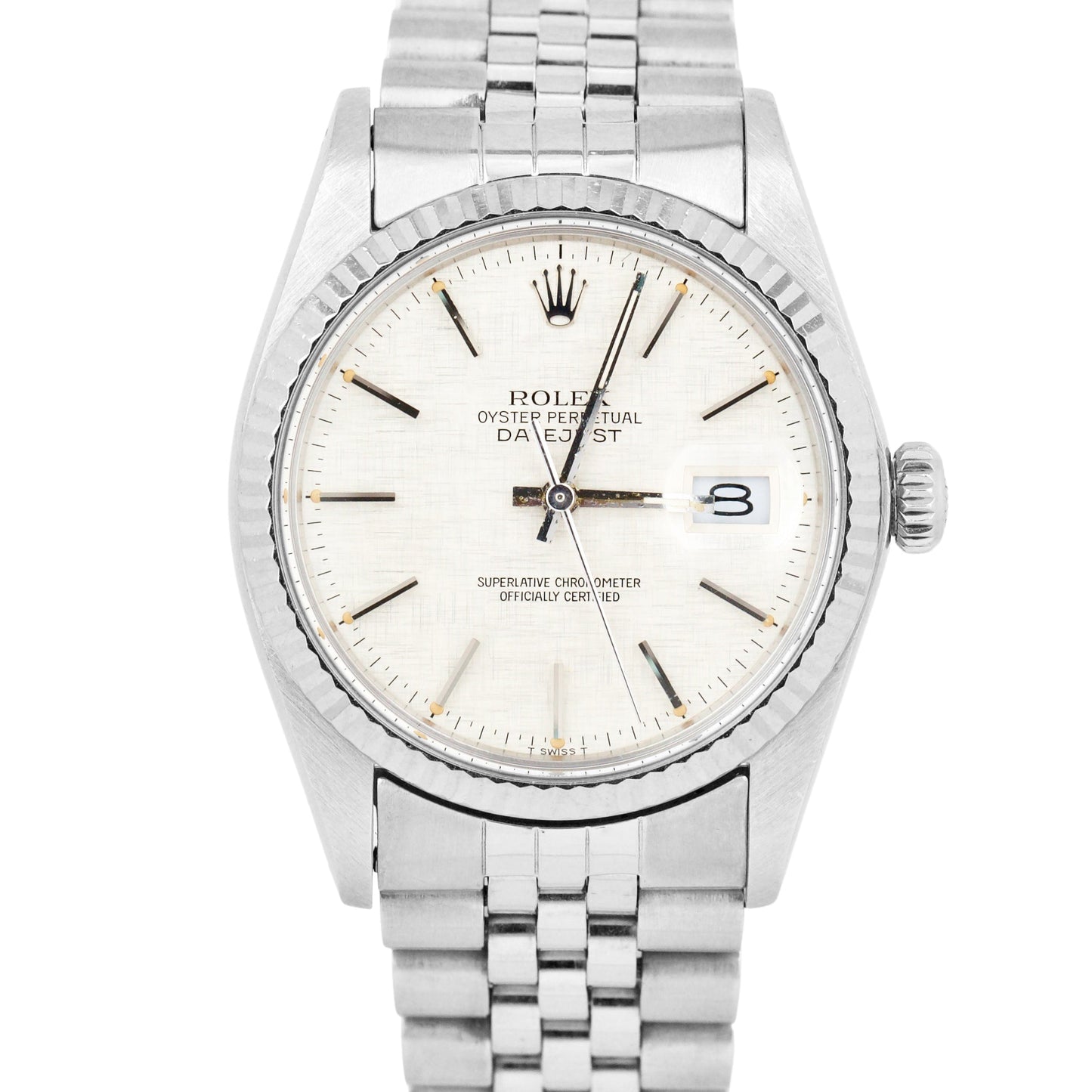 1984 Rolex DateJust SILVER LINEN Fluted Stainless Steel JUBILEE 36mm Watch 16014