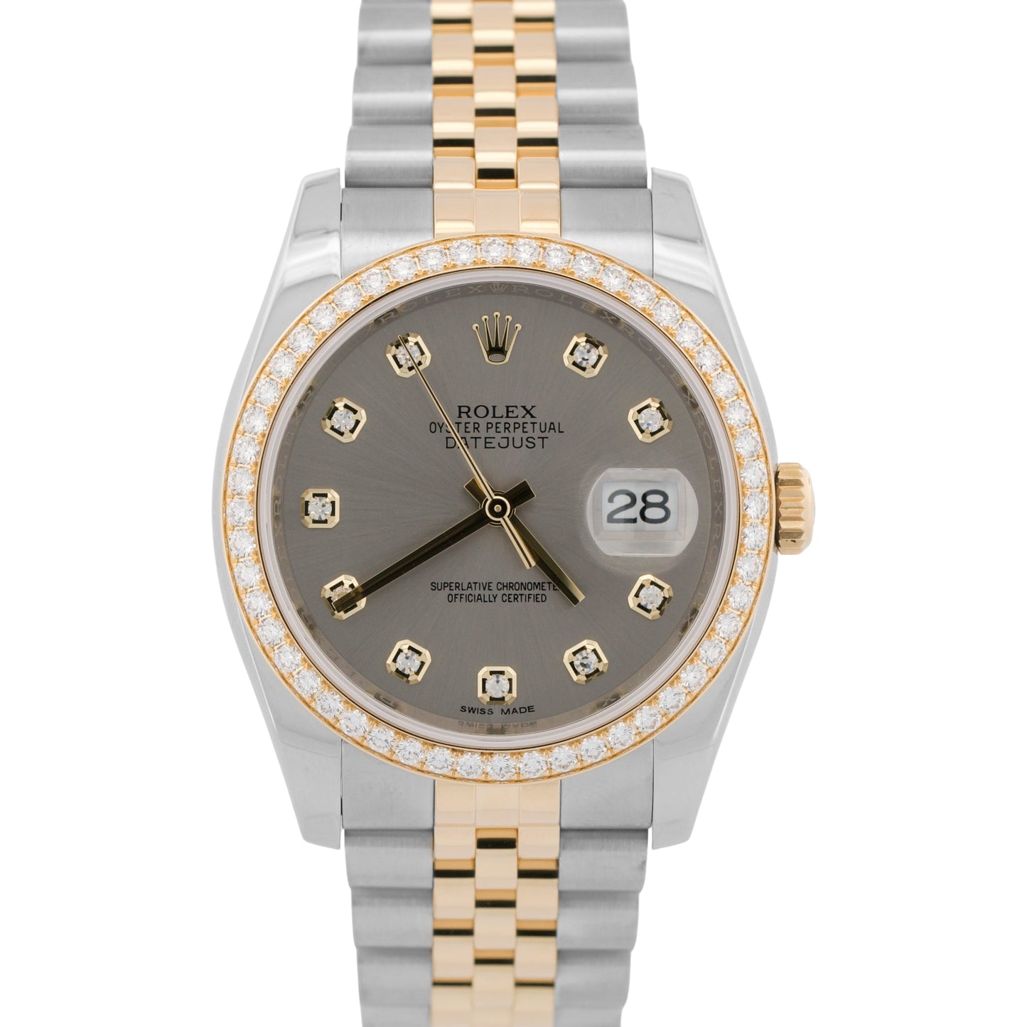 PAPERS Rolex DateJust 36mm FACTORY RHODIUM DIAMOND 18K Gold JUBILEE 116243 BOX
