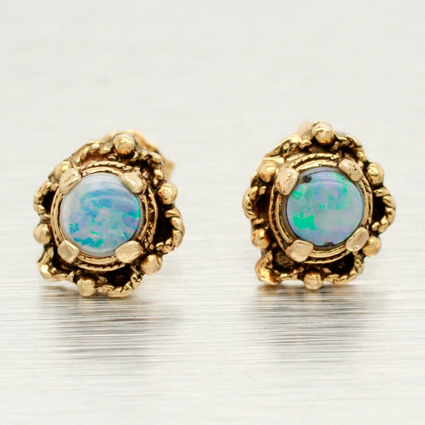 Antique Art Deco Opal Stud Earrings - 14k Yellow Gold Floral Shape