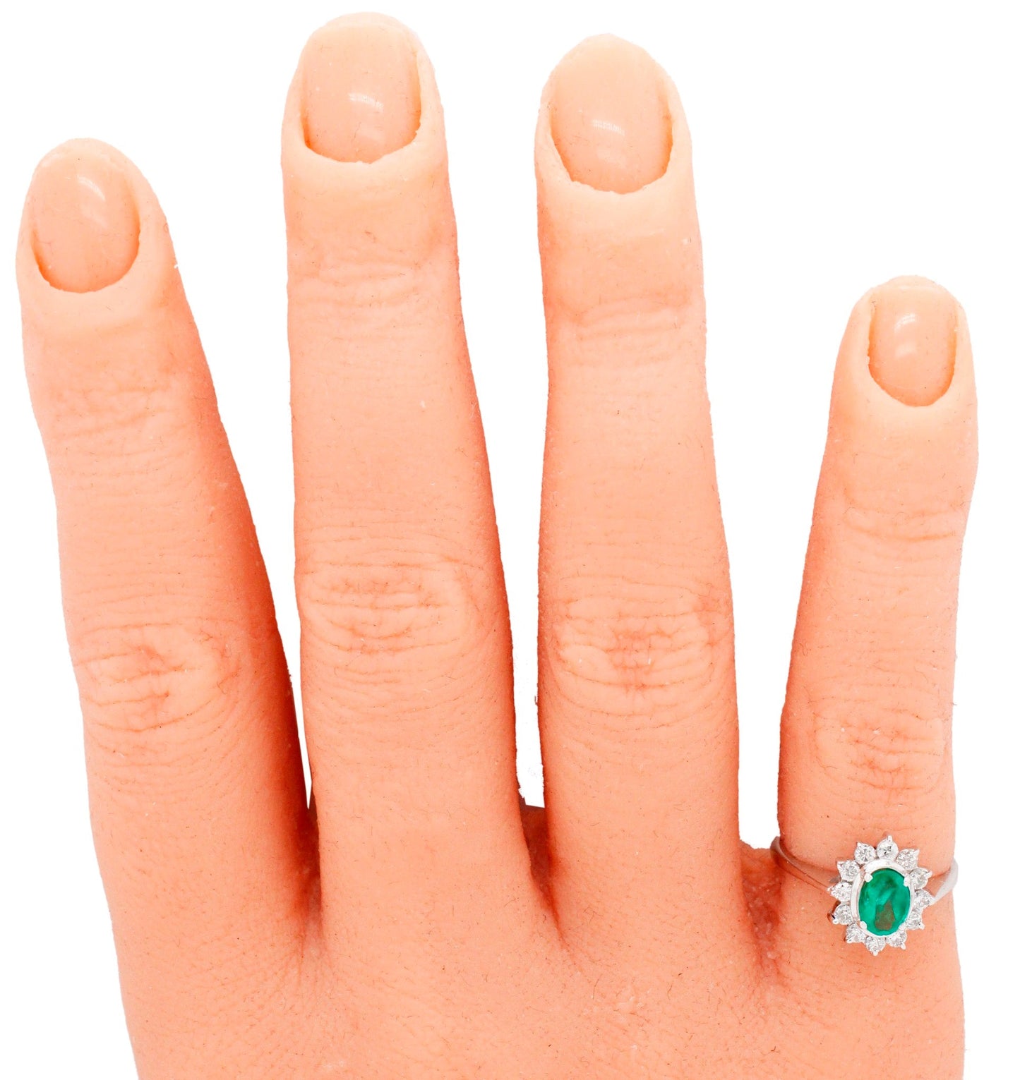 Vintage Oval Emerald & Diamond Halo Cocktail Ring - 18k White Gold Reverse Taper