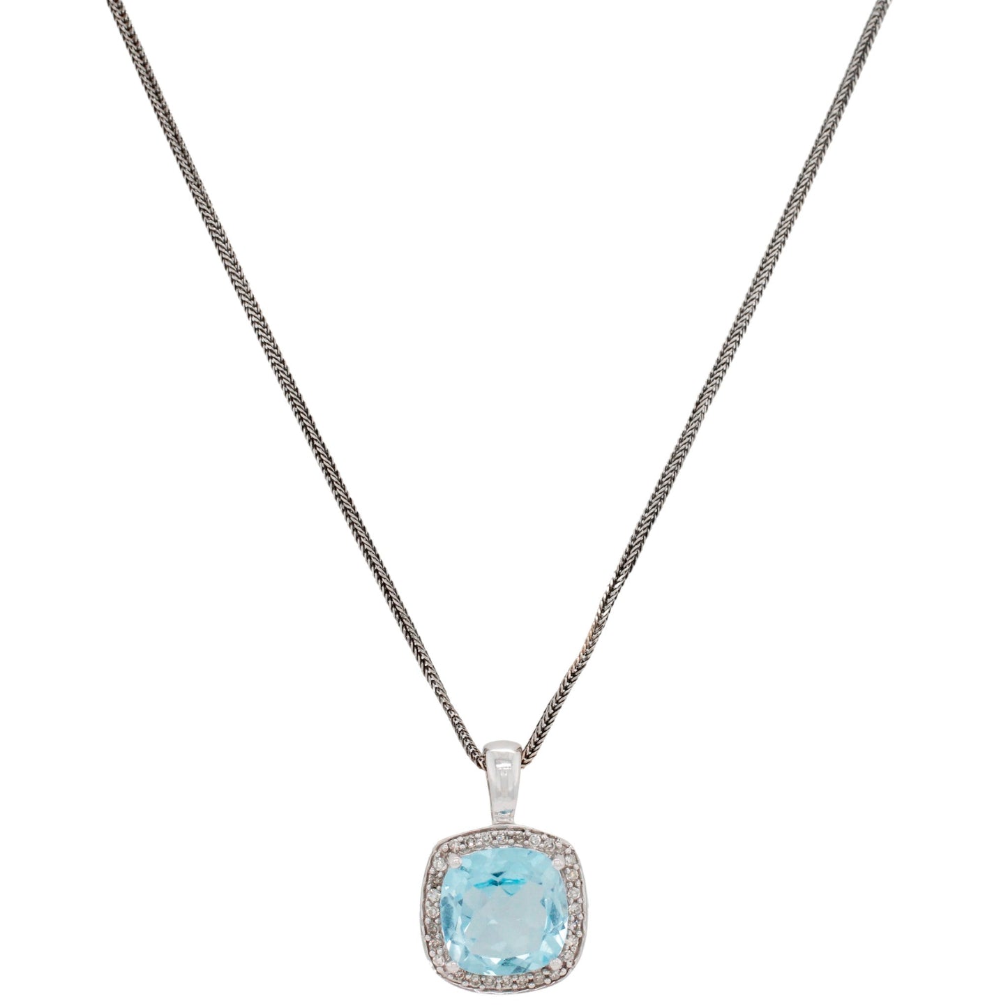 Vintage Aquamarine & Diamond Halo Square Pendant - 14k White Gold Necklace - 20"