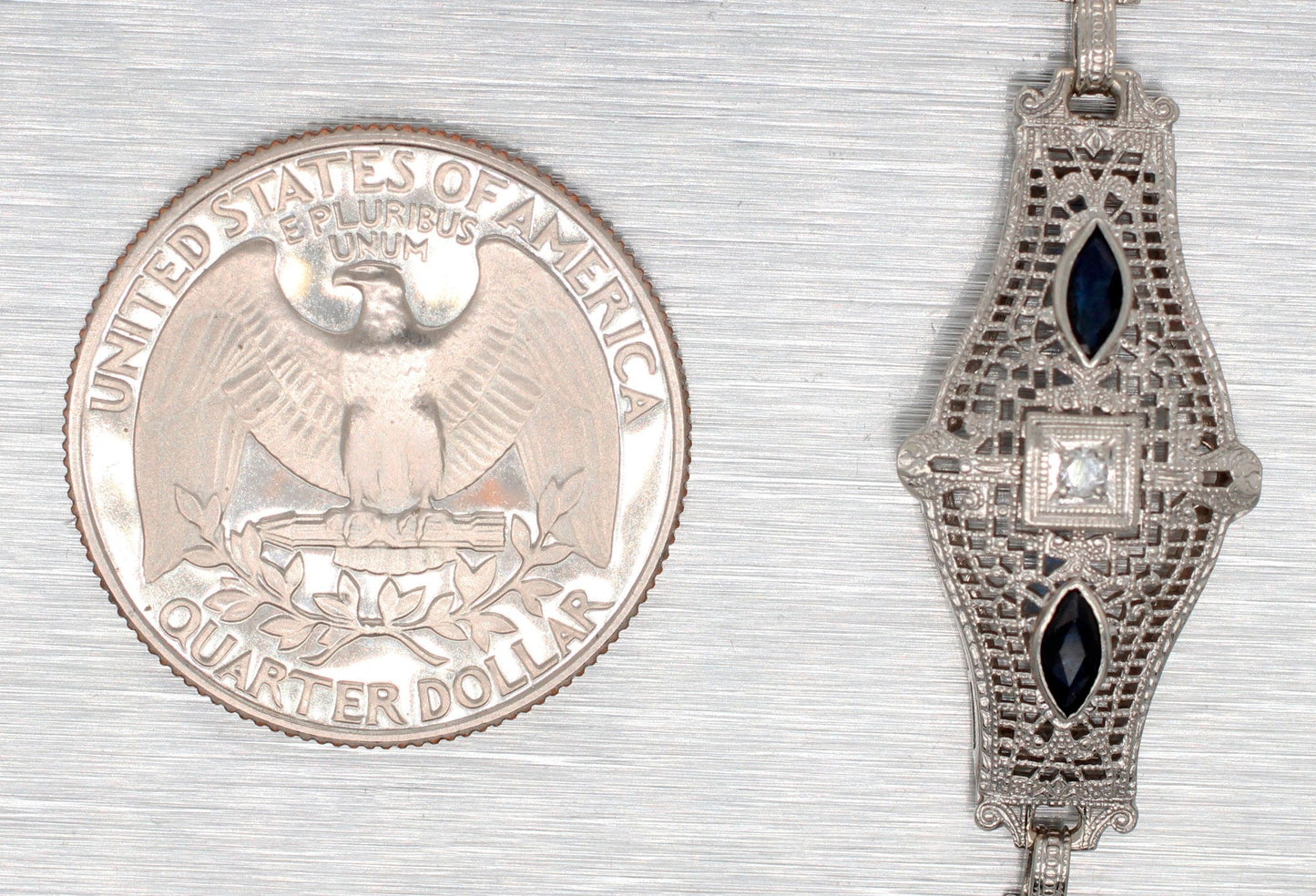 Antique Art Deco Diamond & Sapphire Filigree Bracelet - 14k White Gold - 7”