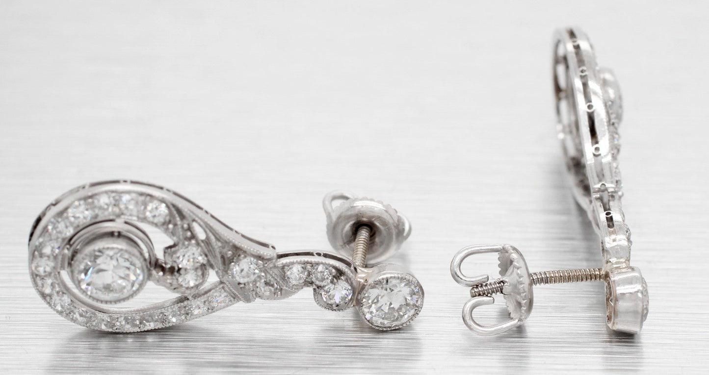 Antique Art Deco 2.00ctw Diamond Curved Statement Stud Earrings - 14k White Gold
