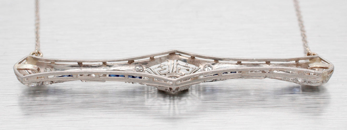 Antique Art Deco Diamond & Sapphire Platinum Pendant - 14k White Gold Necklace
