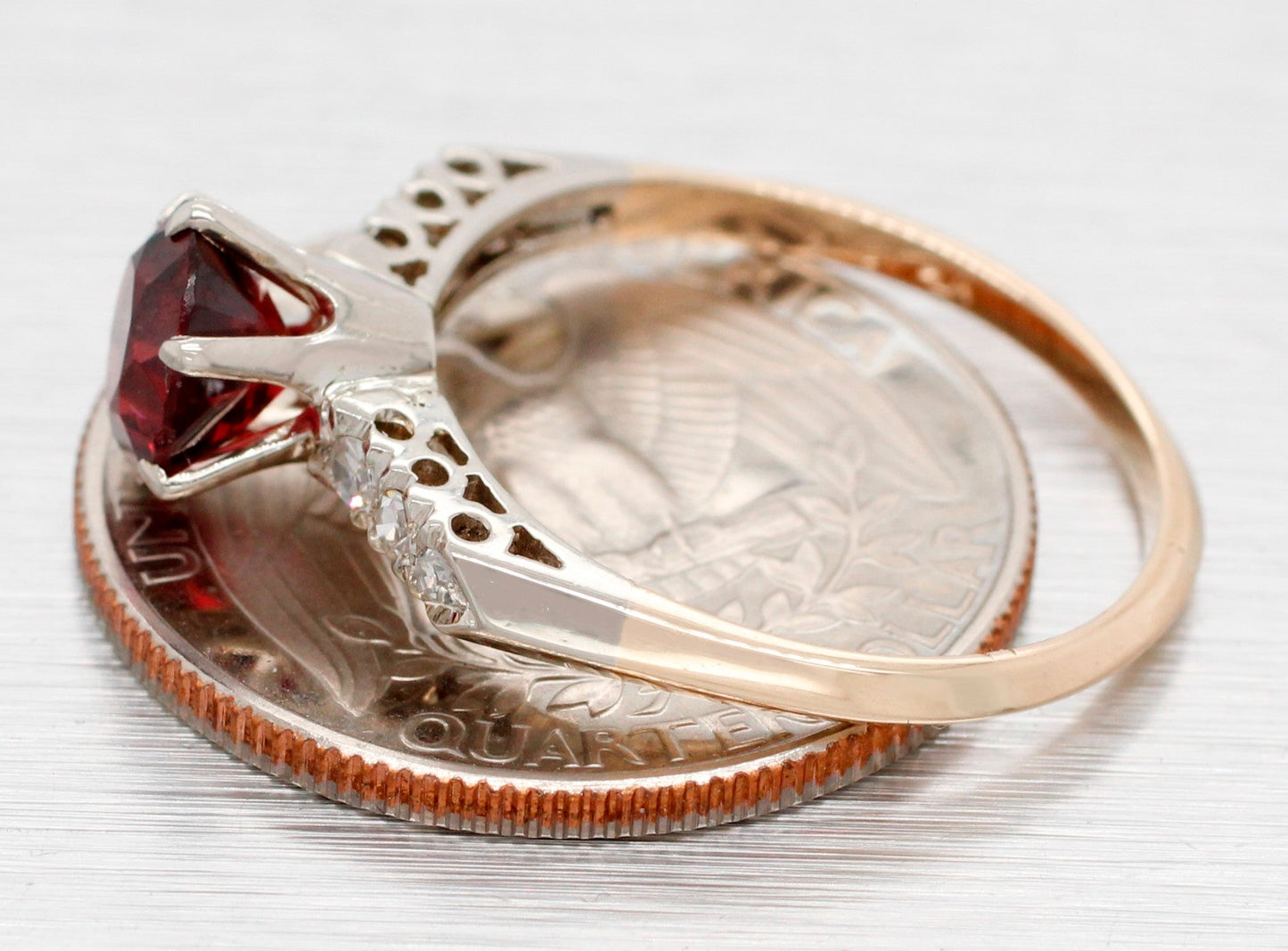 Antique Art Deco Oval Garnet Engagement Ring w/ Diamond Accents - 14k Gold