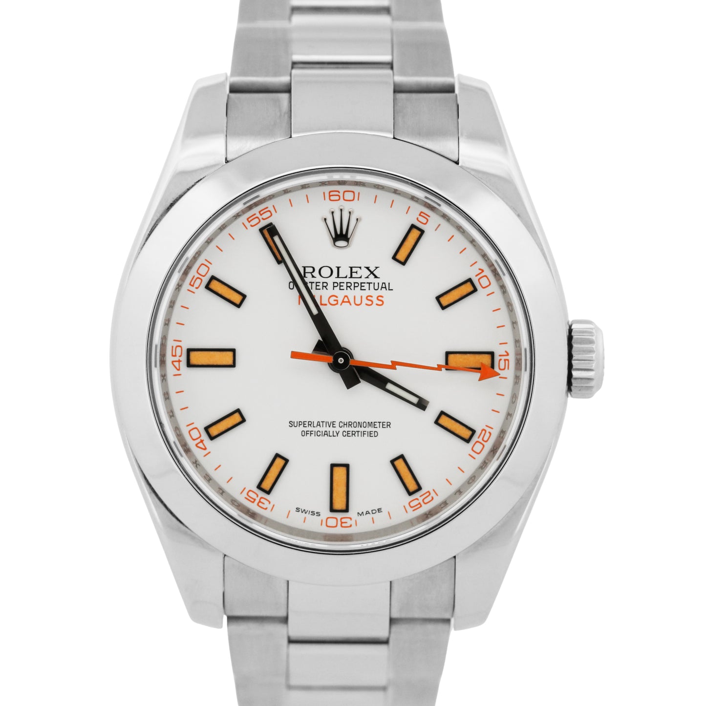 Rolex Milgauss WHITE Orange Stainless Steel 40mm 116400 Oyster Automatic Watch