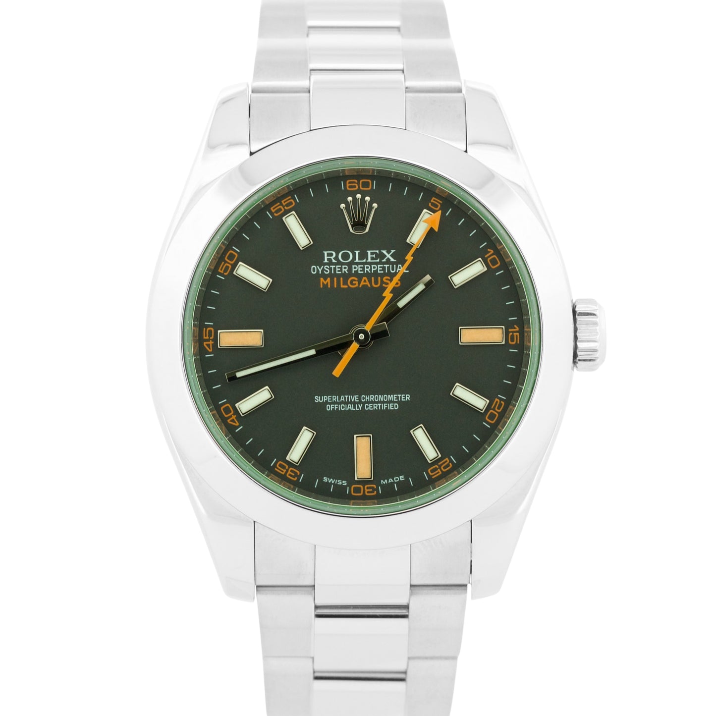MINT Rolex Milgauss BLACK Green Orange Stainless Steel 40mm 116400 GV Watch