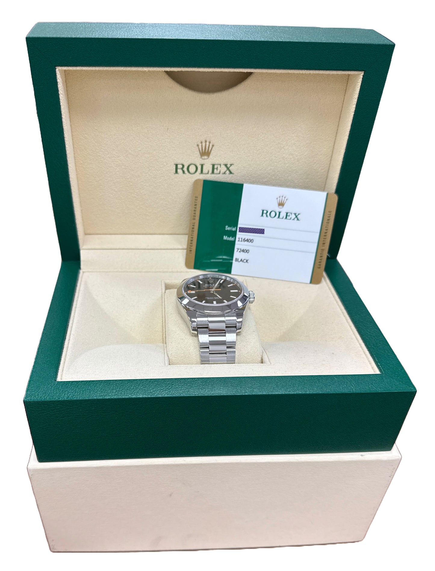 2014 MINT PAPERS Rolex Milgauss Black Orange 40mm 116400 Stainless Watch BOX