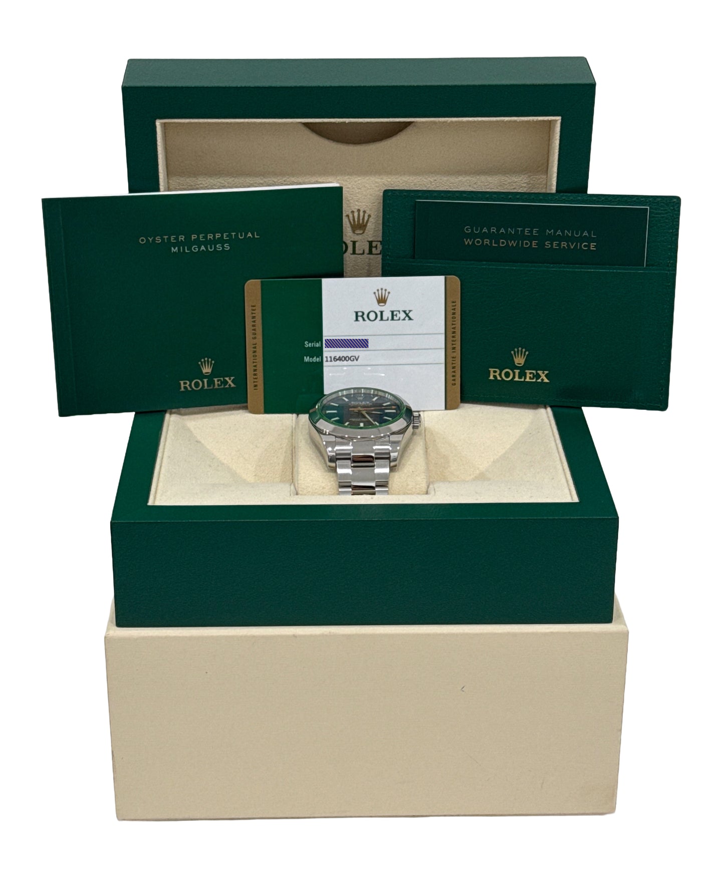 PAPERS Rolex Milgauss Z-Blue Green Crystal BLUE 40mm 116400 GV Steel Watch BOX