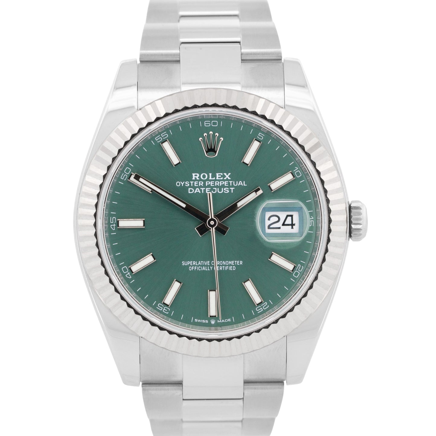 2024 PAPERS Rolex DateJust 41mm MINT GREEN 18K Steel Fluted OYSTER 126334 BOX