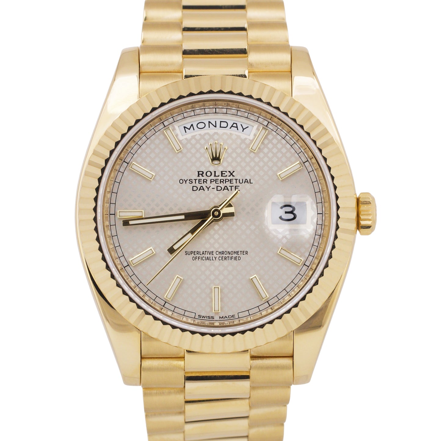 Rolex Day-Date President 40mm SILVER MOTIF 18K Yellow Gold Fluted 228238 BOX