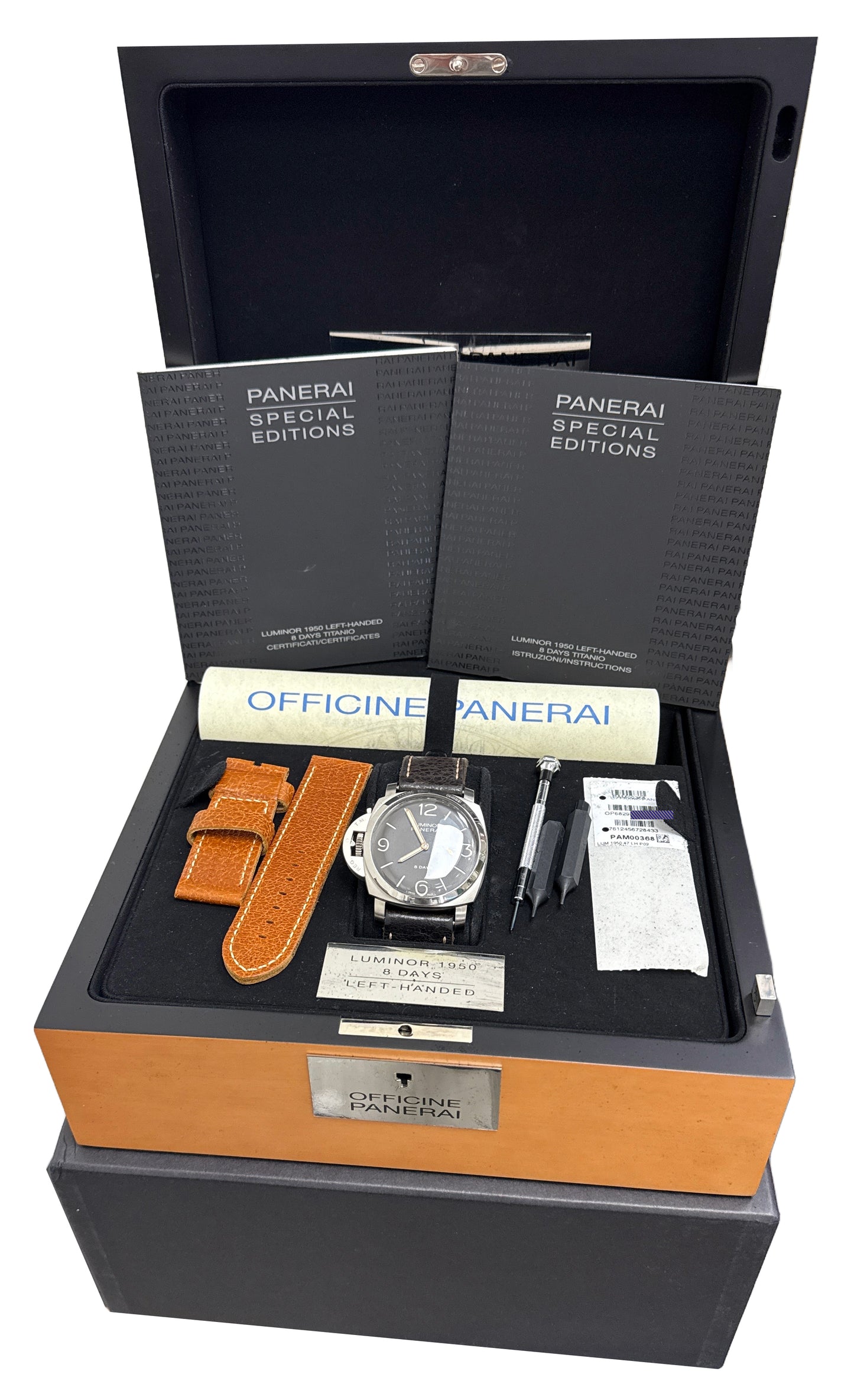 PAPERS Panerai Luminor Titanio 8-Days 1950 Brown 47mm LEFT-HANDED PAM00368 BOX