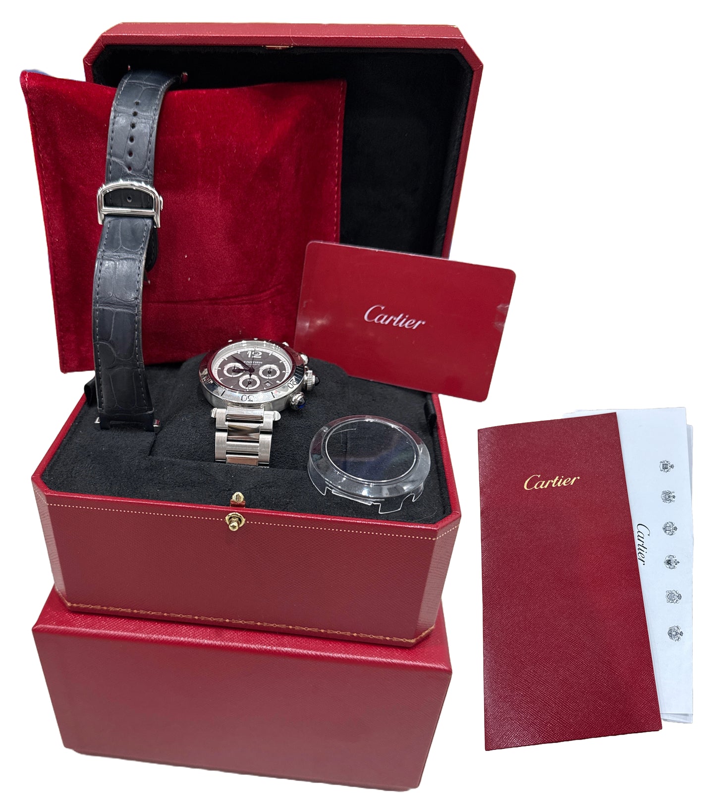 MINT PAPERS Cartier Pasha Chronograph RHODIUIM 41mm Steel 4363 / WSPA0027 BOX