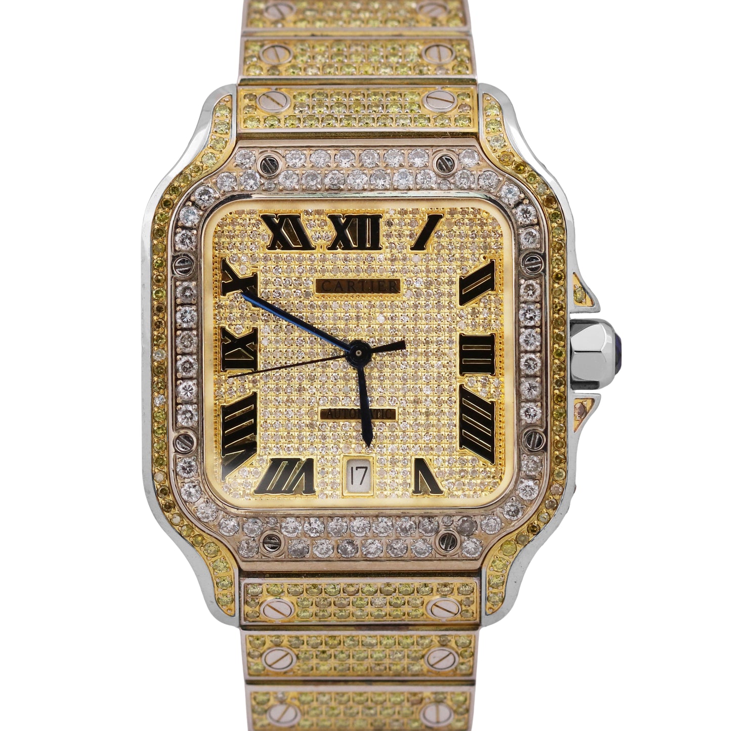 Cartier Santos 39.8mm YELLOW PAVE DIAMOND Roman Automatic Steel 4072 Watch