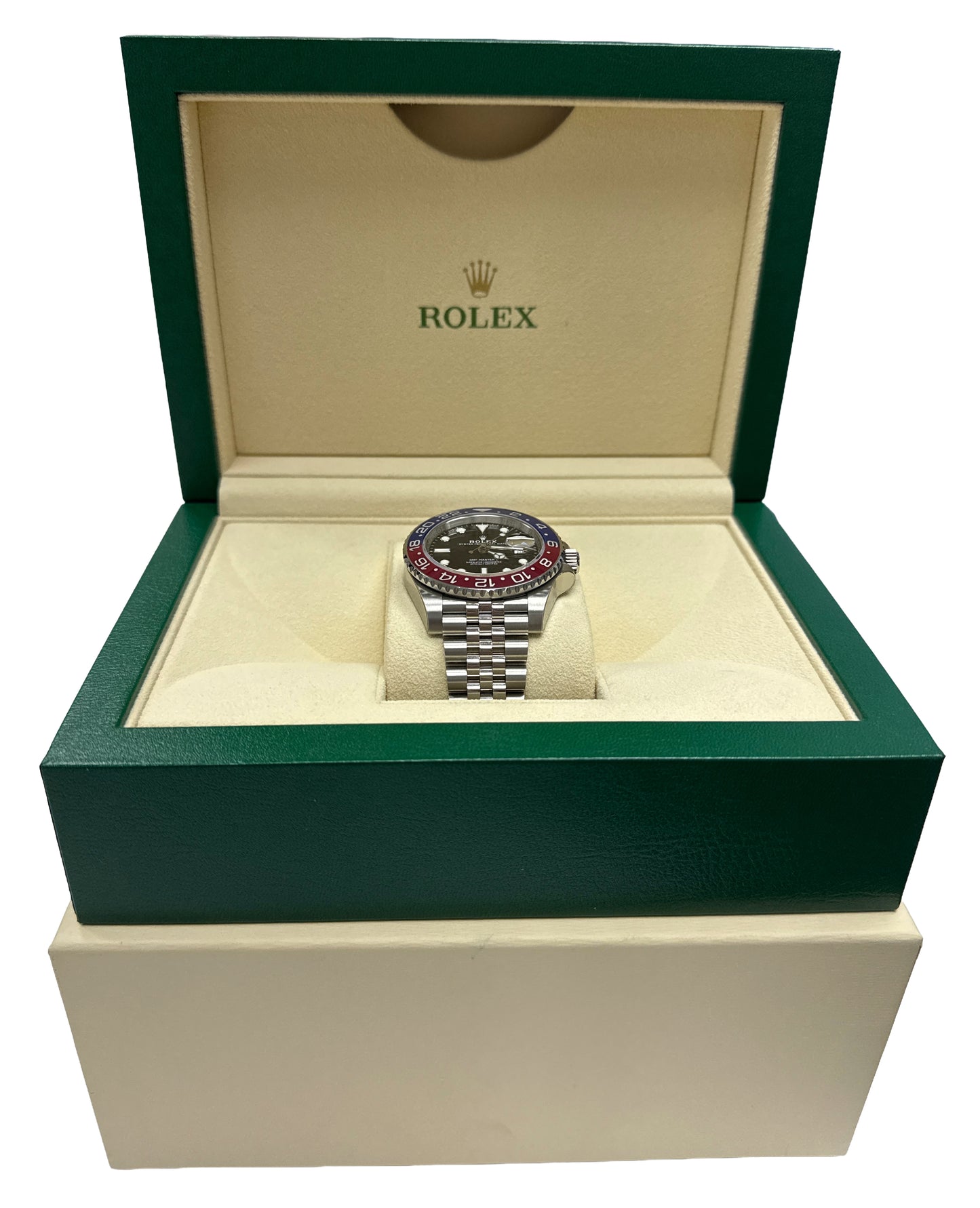 STICKERED Rolex GMT-Master II 40mm PEPSI Red Blue JUBILEE 126710 BLRO BOX