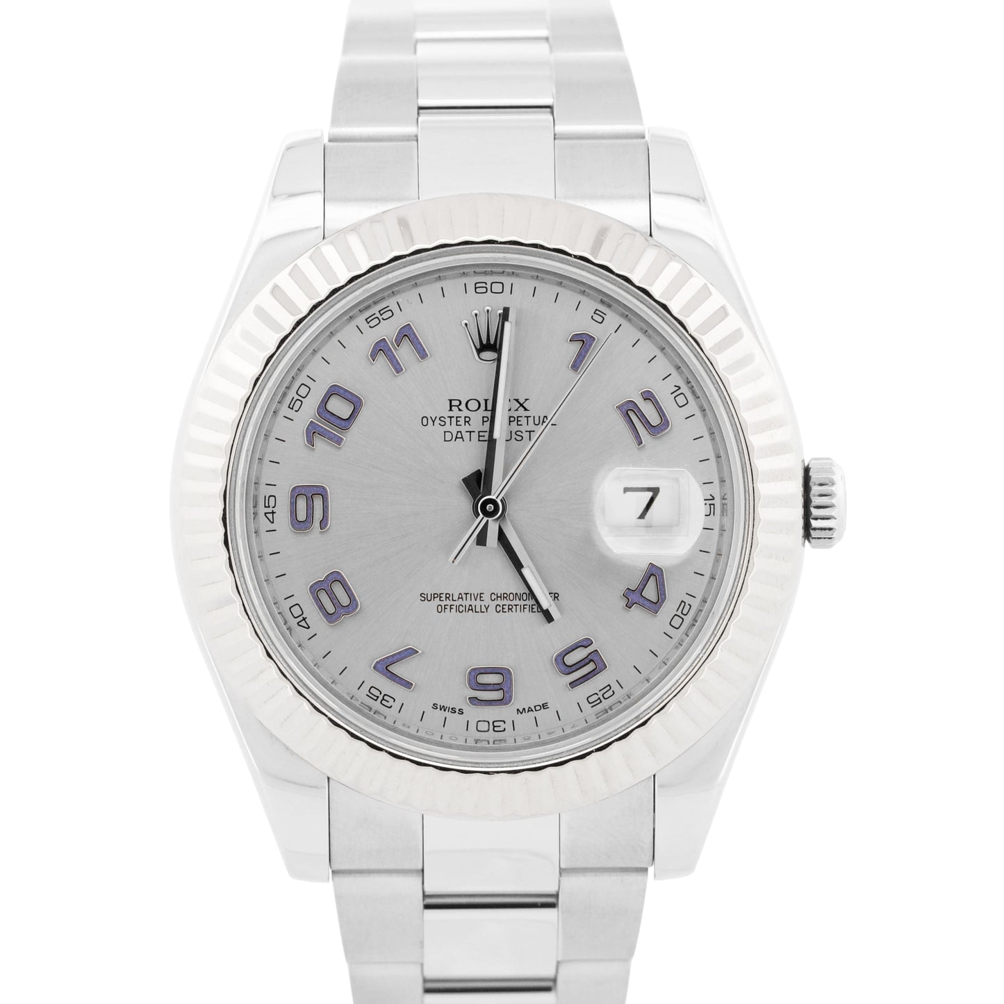 Rolex DateJust II 41mm SILVER Purple Arabic Steel 18K Gold Watch 116334 BOX
