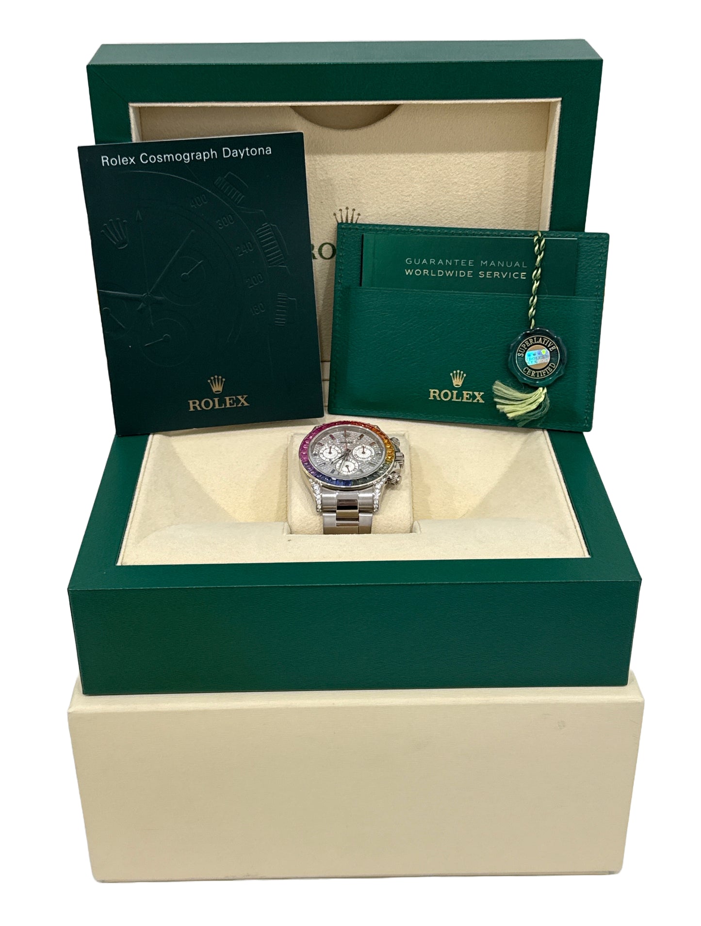 Rolex Daytona Cosmograph RAINBOW PAVE DIAMOND 18K White Gold Watch 116509 BOX
