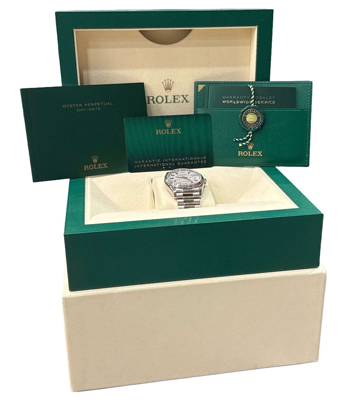 PAPERS Rolex Day-Date 18K GOLD FACTORY PAVE RAINBOW DIAMOND SAPPHIRE 128239 BOX