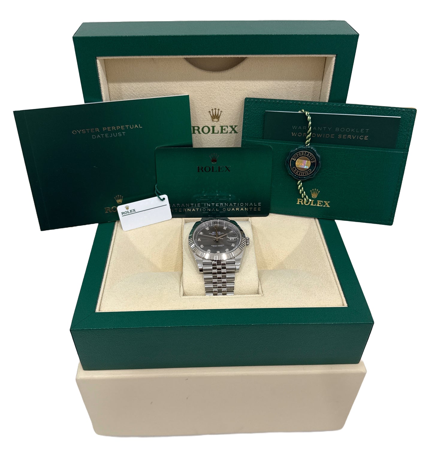2023 PAPERS Rolex DateJust 41mm RHODIUM DIAMOND 18K Steel JUBILEE 126334 BOX