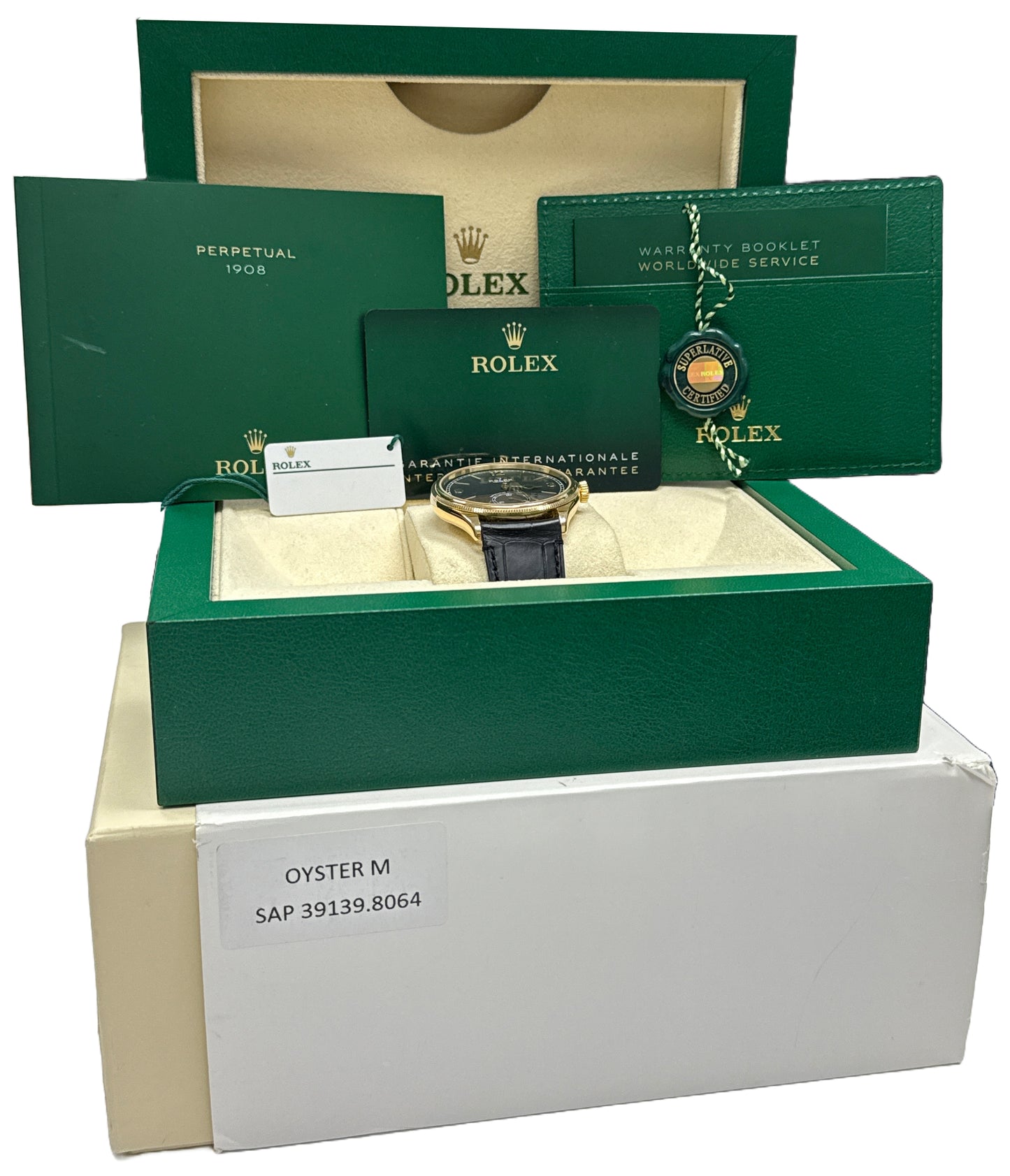 MINT 2024 PAPERS Rolex 1908 BLACK 18K Yellow Gold 39mm Leather 52508 Watch BOX