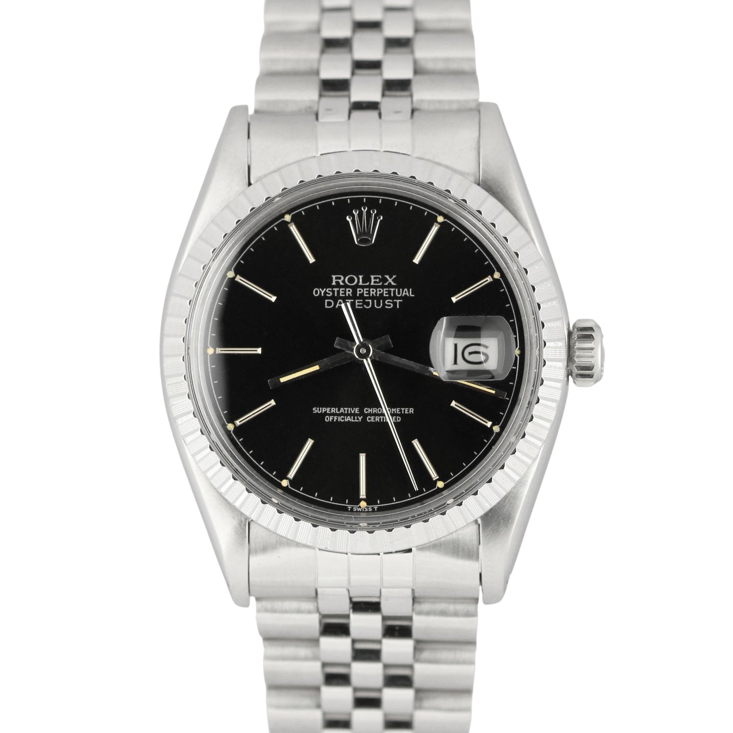 Vintage Rolex Datejust 36 Steel Engine Turned Jubilee Black 36mm 16030 Watch