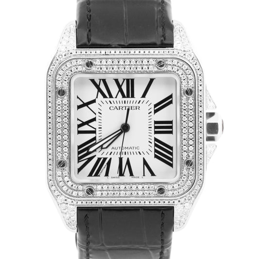 Cartier Santos 100 XL PAVE DIAMOND Stainless Steel Leather 38mm 2656 W20073X8