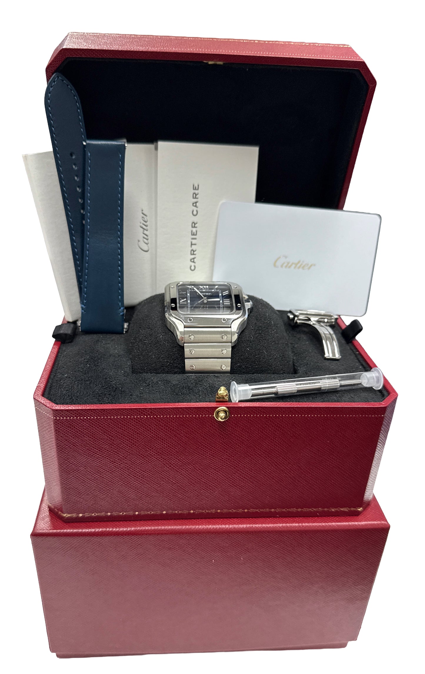 2023 PAPERS Cartier Santos 39.8mm BLUE 4072 WSSA0030 Stainless Steel Watch BOX