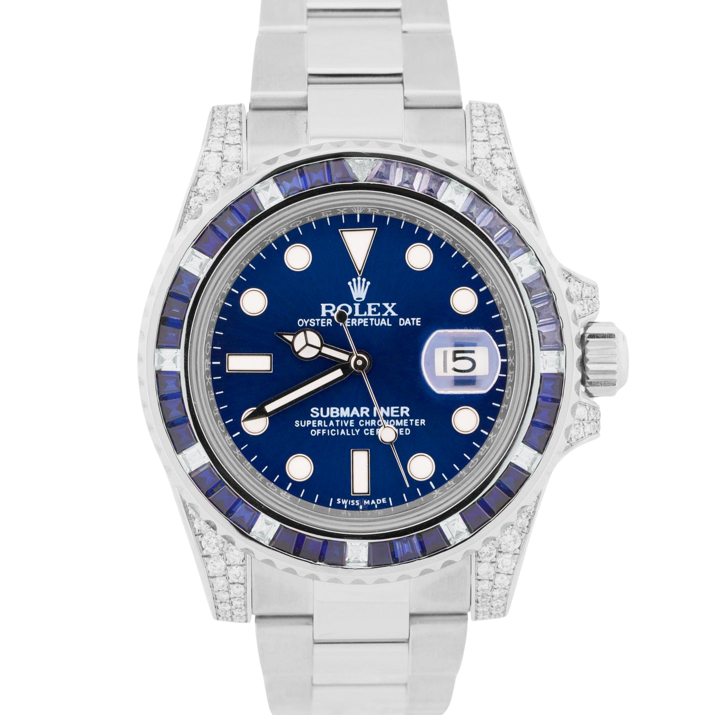MINT Rolex Submariner Date Blue DIAMOND SAPPHIRE Bezel Lugs 40mm Watch 116610