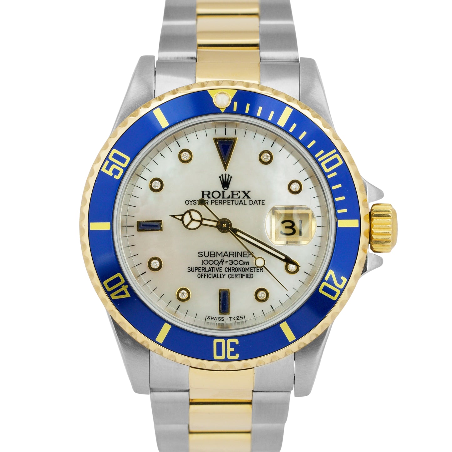 MINT Rolex Submariner Date 40mm Blue MOP DIAMOND 18K Gold Stainless Steel 16613