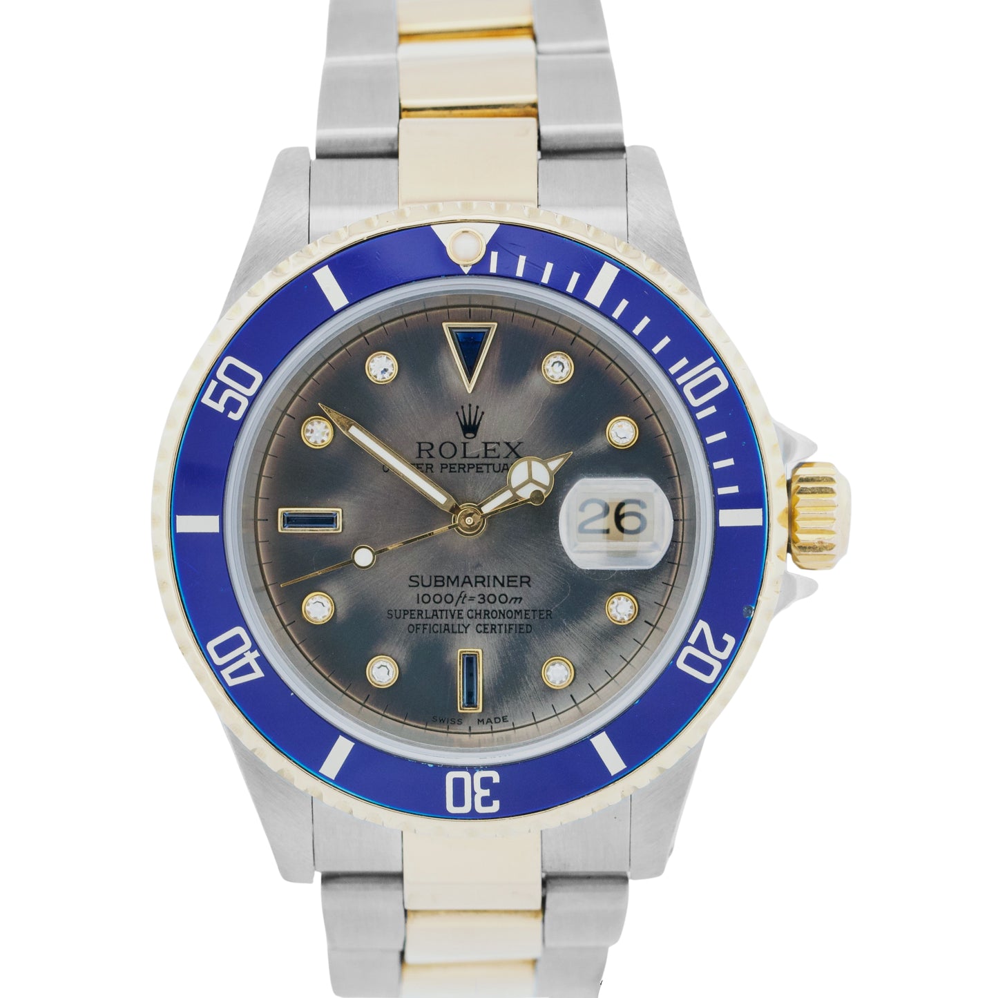 Rolex Submariner Date 40mm Patina FACTORY RHODIUM SERTI Diamond 18K Steel 16613